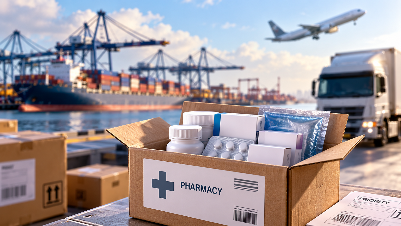 Online medication delivery package with medicines at an international shipping port